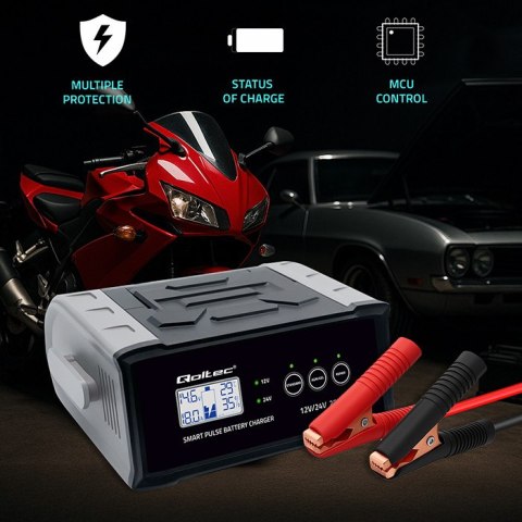 Qoltec Inteligentna mikroprocesorowa ładowarka 12V 24V 25A| Prostownik z funkcją naprawy do akumulatora AGM GEL SLA | LCD