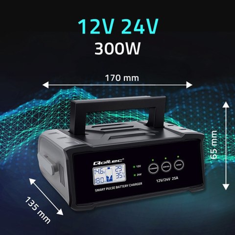Qoltec Inteligentna mikroprocesorowa ładowarka 12V 24V 25A| Prostownik z funkcją naprawy do akumulatora AGM GEL SLA | LCD
