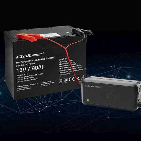 Qoltec Inteligentna mikroprocesorowa ładowarka 12V | 5A | Prostownik do akumulatora AGM GEL SLA | 6 - stopniowe ładowanie