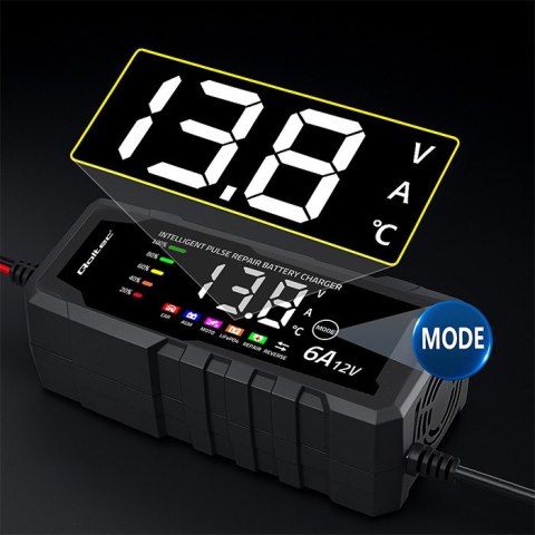 Qoltec Inteligentna mikroprocesorowa ładowarka 12V 6A | Prostownik z funkcją naprawy do akumulatora AGM GEL LiFePO4 | LCD