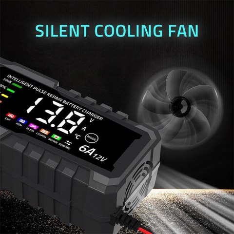 Qoltec Inteligentna mikroprocesorowa ładowarka 12V 6A | Prostownik z funkcją naprawy do akumulatora AGM GEL LiFePO4 | LCD