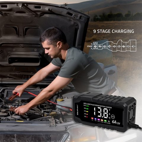 Qoltec Inteligentna mikroprocesorowa ładowarka 12V 6A | Prostownik z funkcją naprawy do akumulatora AGM GEL LiFePO4 | LCD