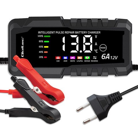 Qoltec Inteligentna mikroprocesorowa ładowarka 12V 6A | Prostownik z funkcją naprawy do akumulatora AGM GEL LiFePO4 | LCD