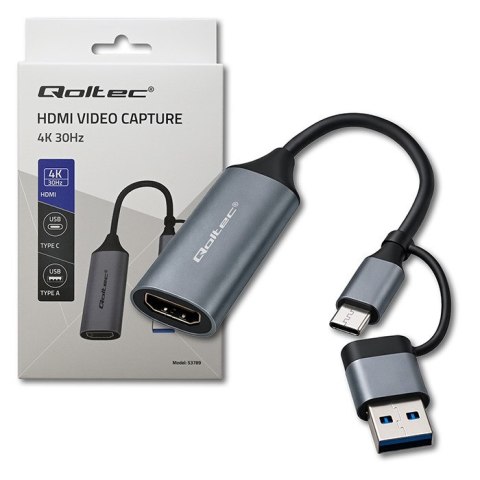 Qoltec Karta przechwytywania obrazu | Adapter USB-C USB-A | HDMI | 4K 30Hz | Aluminium