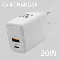 Qoltec Ładowarka sieciowa 20W GaN | 5-20V | 1.5-3A | 1 x USB-C PD | 1 x USB QC 3.0 | Biała