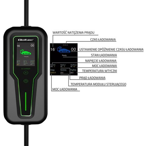 Qoltec Mobilna ładowarka do samochodu elektrycznego EV z regulacją 2w1 Typ2 | 11kW | 3 Fazy | LCD | Przenośna | Wallbox | 5m