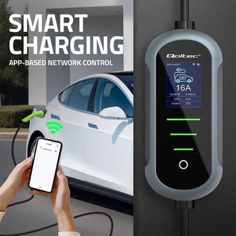 Qoltec Mobilna ładowarka do samochodu elektrycznego EV z regulacją 2w1 Typ2 | 11kW | 400V | Wi-fi | TUYA | SMART LIFE | LCD | Pr