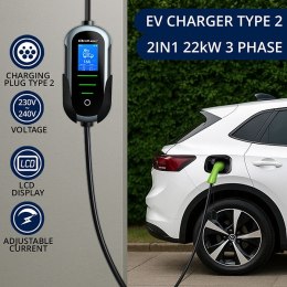 Qoltec Mobilna ładowarka do samochodu elektrycznego EV z regulacją 2w1 Typ2 | 22kW | 400V | Wi-fi | TUYA | SMART LIFE | LCD | Pr
