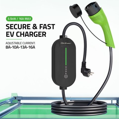 Qoltec Mobilna ładowarka do samochodu elektrycznego EV z regulacją 2w1 Typ2 | 3.5kW | 230V | LCD | LED | 5m