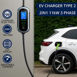 Qoltec Mobilna ładowarka do samochodu elektrycznego EV z regulacją 2w1 Typ2 | 3.5kW | 230V | Wi-fi | TUYA | SMART LIFE | LCD | P