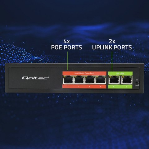 Qoltec Przełącznik sieciowy SWITCH FAST Ethernet PoE | 4x RJ45 | 2x RJ45 Uplink | 65W | 10/100Mb/s