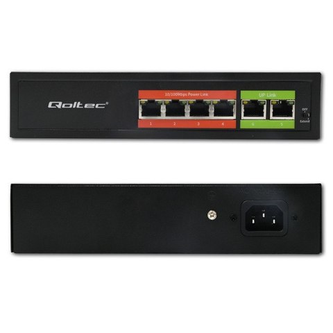 Qoltec Przełącznik sieciowy SWITCH FAST Ethernet PoE | 4x RJ45 | 2x RJ45 Uplink | 65W | 10/100Mb/s