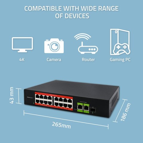 Qoltec Przełącznik sieciowy SWITCH Fast Ethernet PoE | 16x RJ45 10/100 Mb/s | 2x RJ45 Uplink 1000 Mb/s | 1x SFP 1000 Mb/s