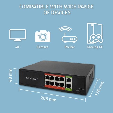 Qoltec Przełącznik sieciowy SWITCH Fast Ethernet PoE | 8x RJ45 | 2x RJ45 Uplink | 120W | 10/100 Mb/s