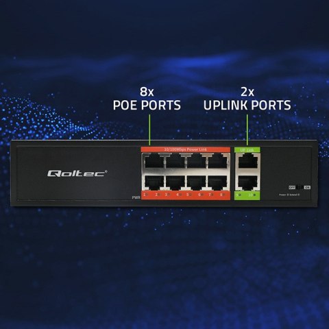 Qoltec Przełącznik sieciowy SWITCH Fast Ethernet PoE | 8x RJ45 | 2x RJ45 Uplink | 120W | 10/100 Mb/s