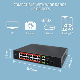 Qoltec Przełącznik sieciowy SWITCH Gigabit Ethernet PoE | 16x RJ45 | 2x RJ45 Uplink | 2x SFP | 1000Mb/s