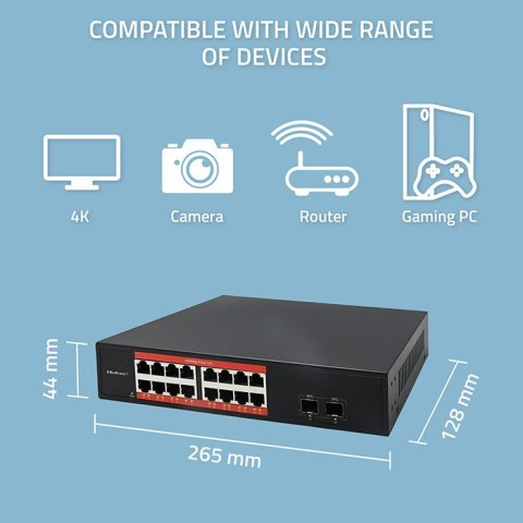 Qoltec Przełącznik sieciowy SWITCH Gigabit Ethernet PoE | 16x RJ45 | 2x SFP | 1000 Mb/s