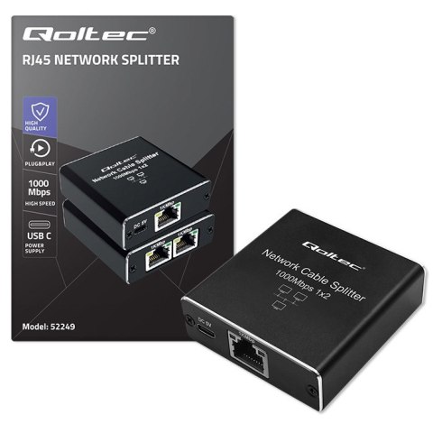 Qoltec Rozdzielacz Splitter mini SWITCH 1x2 port RJ45 | 1000Mbps | USB-C | Aluminium