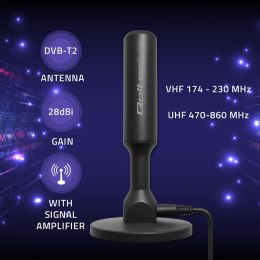 Qoltec Wewnętrzna Antena TV DVB-T2 ze wzmacniaczem sygnału i magnetyczną podstawą | 4K | 28dBi | 5m
