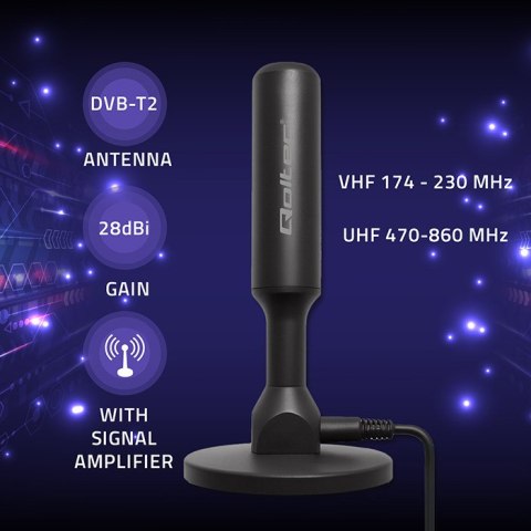 Qoltec Wewnętrzna Antena TV DVB-T2 ze wzmacniaczem sygnału i magnetyczną podstawą | 4K | 28dBi | 5m