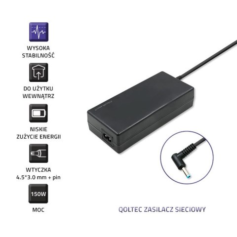 Qoltec Zasilacz do laptopa HP 150W | 19.5V | 7.7A | 4.5*3.0+pin | +kabel zasilający