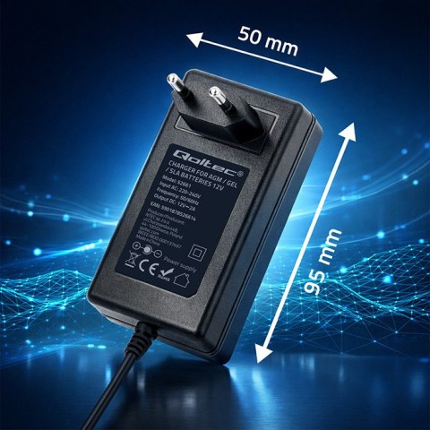 Qoltec Automatyczna ładowarka do akumulatora AGM GEL STD | Prostownik 12V | 2A | 24W | 5.5x2.1 | Kabel 1.8m