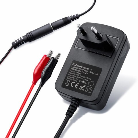 Qoltec Automatyczna ładowarka do akumulatora AGM GEL STD | Prostownik 6V/12V | 6W | 5.5x2.1 | Kabel 1.8m