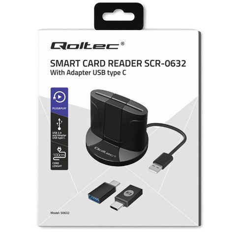 Qoltec Inteligentny czytnik chipowych kart ID SCR-0632 | USB 2.0 + Adapter USB-C