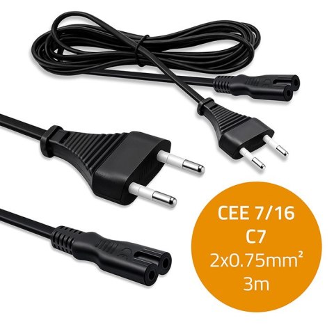 Qoltec Kabel zasilający IEC C7 | CEE 7/16 | ósemka | 2x0.75mm² | Czysta miedz CU | 3m