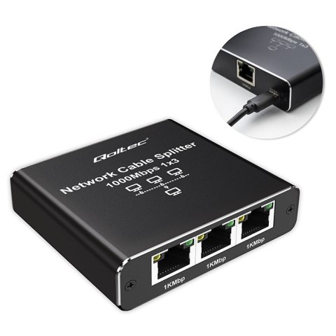 Qoltec Rozdzielacz Splitter Ethernet mini SWITCH 1x3 RJ45 | 1000Mb/s | USB-C | Aluminium