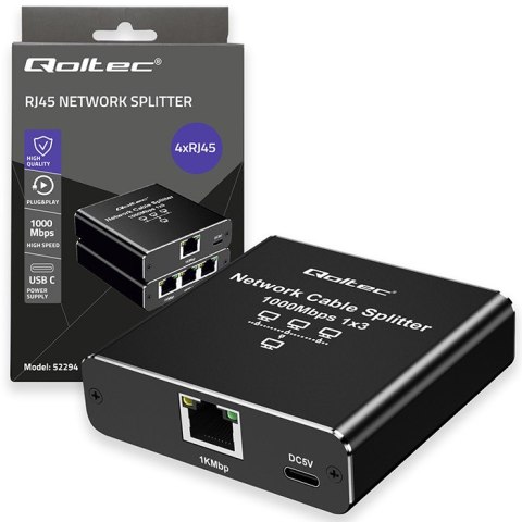 Qoltec Rozdzielacz Splitter Ethernet mini SWITCH 1x3 RJ45 | 1000Mb/s | USB-C | Aluminium