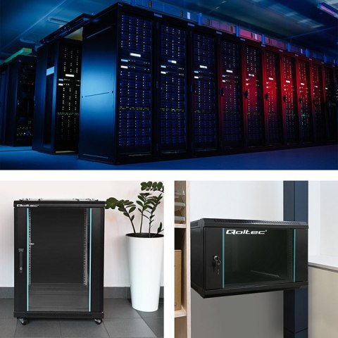 Qoltec Szafa RACK 19" | 12U | 600 x 635 x 450 | Perforowane drzwi | Wisząca | Stalowa obudowa | Zamek | Czarna