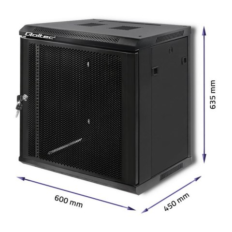Qoltec Szafa RACK 19" | 12U | 600 x 635 x 450 | Perforowane drzwi | Wisząca | Stalowa obudowa | Zamek | Czarna