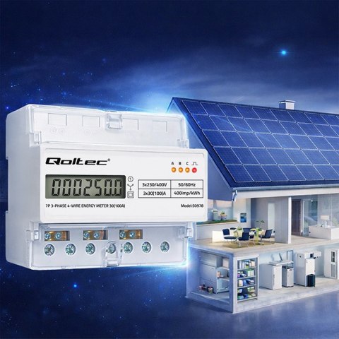 Qoltec Trójfazowy elektroniczny licznik | miernik zużycia energii na szynę DIN | 400V | 100A | LCD | LED | 7P