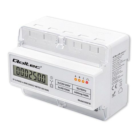Qoltec Trójfazowy elektroniczny licznik | miernik zużycia energii na szynę DIN | 400V | 100A | LCD | LED | 7P