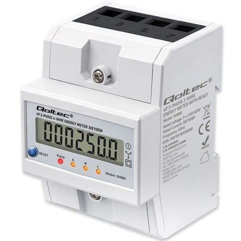 Qoltec Trójfazowy elektroniczny licznik z resetem | miernik zużycia energii na szynę DIN | 400V | 100A | LCD | LED | 4P