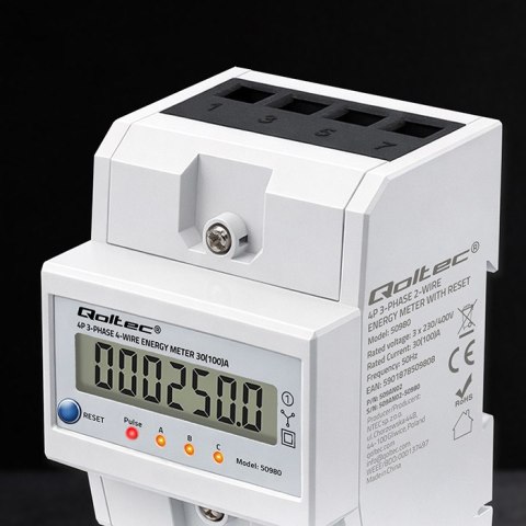 Qoltec Trójfazowy elektroniczny licznik z resetem | miernik zużycia energii na szynę DIN | 400V | 100A | LCD | LED | 4P
