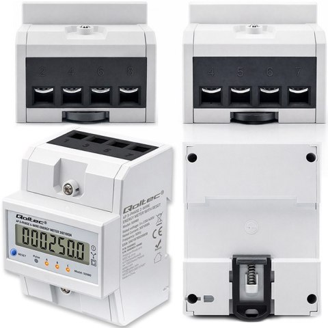 Qoltec Trójfazowy elektroniczny licznik z resetem | miernik zużycia energii na szynę DIN | 400V | 100A | LCD | LED | 4P