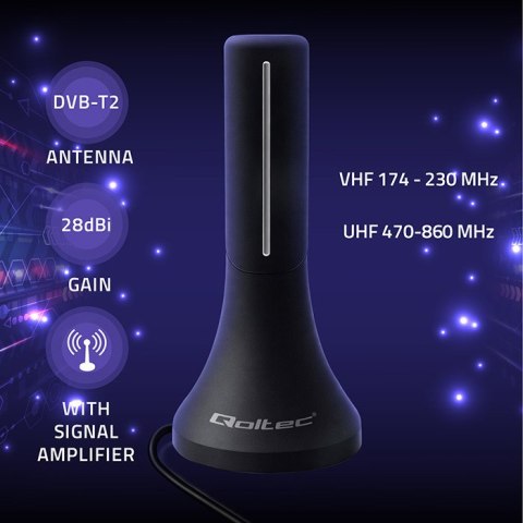Qoltec Wewnętrzna mocna Antena TV DVB-T/T2 | wzmacniacz sygnału | 4K | wysoki zysk 32dBi | 360º | Kabel 4m