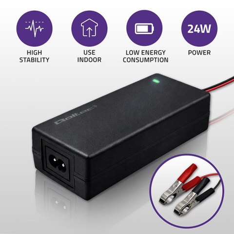 Qoltec Automatyczna ładowarka do akumulatora AGM GEL STD | Prostownik 12V | 2A | 24W | LED | Kabel 1.8m