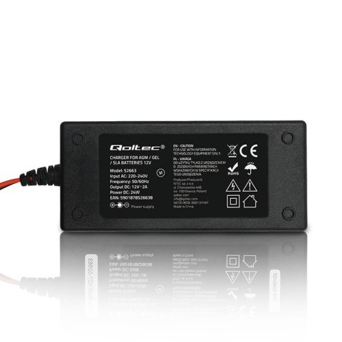 Qoltec Automatyczna ładowarka do akumulatora AGM GEL STD | Prostownik 12V | 2A | 24W | LED | Kabel 1.8m