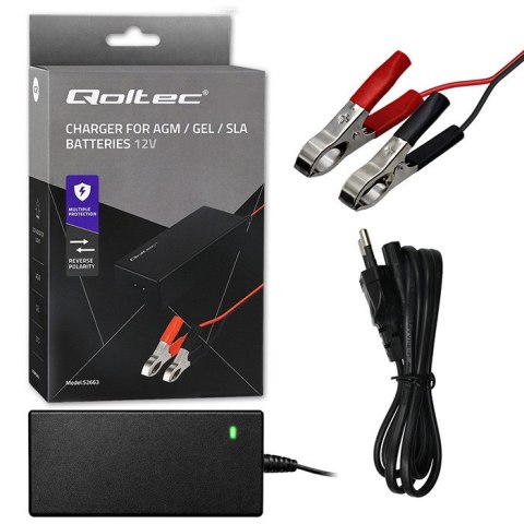 Qoltec Automatyczna ładowarka do akumulatora AGM GEL STD | Prostownik 12V | 2A | 24W | LED | Kabel 1.8m