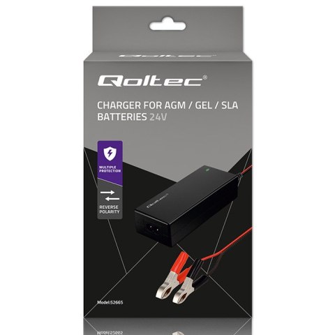 Qoltec Automatyczna ładowarka do akumulatora AGM GEL STD | Prostownik 24V | 2A | 48W | LED | Kabel 1.8m