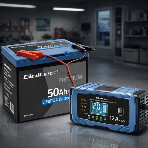 Qoltec Inteligentna mikroprocesorowa ładowarka 12V 12A | Prostownik z funkcją naprawy | AGM GEL LiFePO4 | 9- stopniowe ładowanie