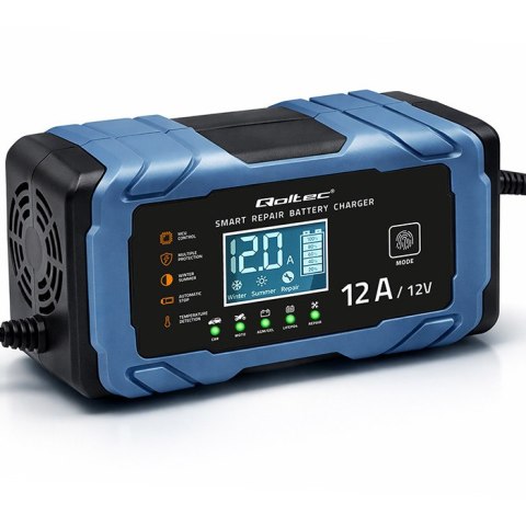 Qoltec Inteligentna mikroprocesorowa ładowarka 12V 12A | Prostownik z funkcją naprawy | AGM GEL LiFePO4 | 9- stopniowe ładowanie