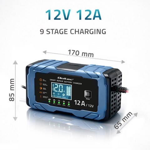 Qoltec Inteligentna mikroprocesorowa ładowarka 12V 12A | Prostownik z funkcją naprawy | AGM GEL LiFePO4 | 9- stopniowe ładowanie