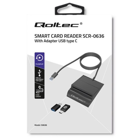 Qoltec Inteligentny czytnik chipowych kart ID SCR-0636 | USB 2.0 + Adapter USB-C