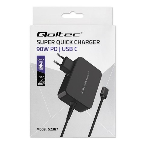 Qoltec Ładowarka GaN POWER PRO | 1xUSB-C | 90W | 5-20V | 3-4.5A | Laptop | Smartfon | Czarna