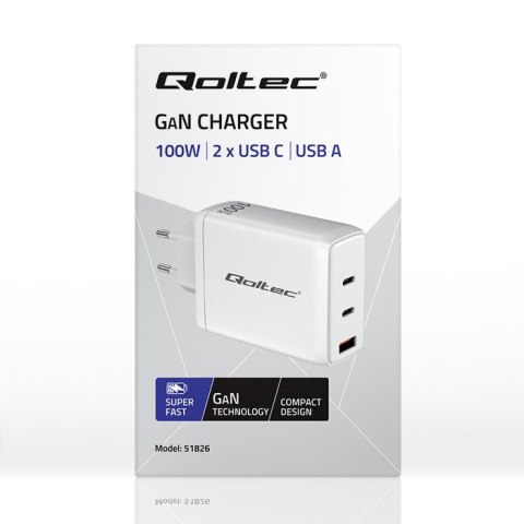 Qoltec Ładowarka sieciowa 100W GaN | 5-20V | 1.5-5A | 2 x USB-C PD | 1 x USB QC 3.0 | Laptop | Smartfon | Biała