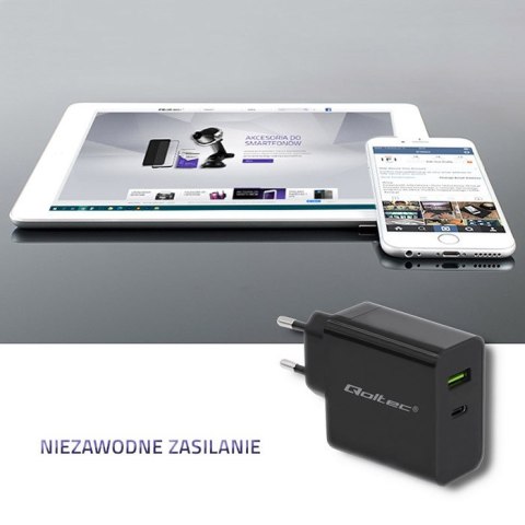 Qoltec Ładowarka sieciowa 45W | 5-20V | 2.25-3A | USB typ C PD | USB 3.0 | Czarna